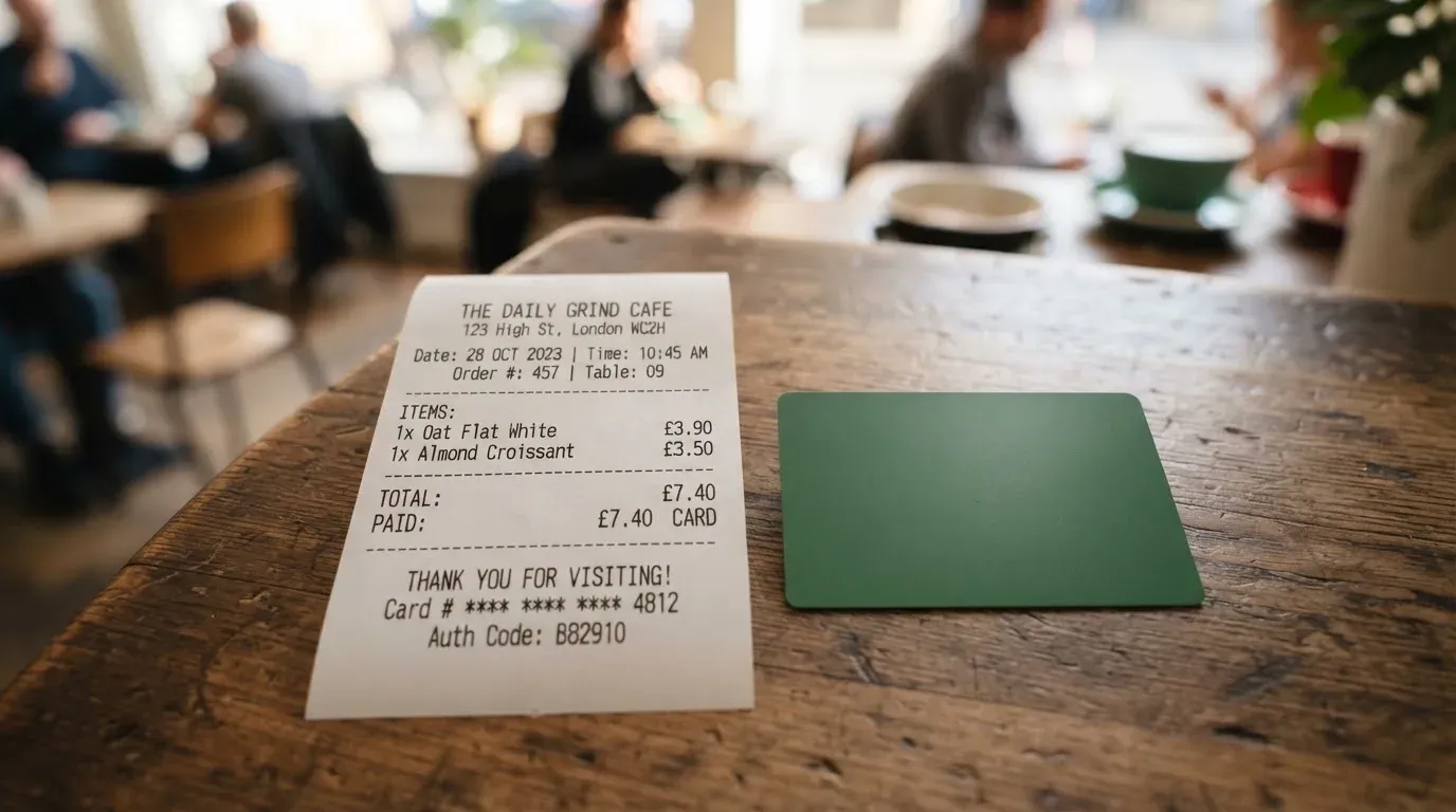 A receipt and a card on a café table