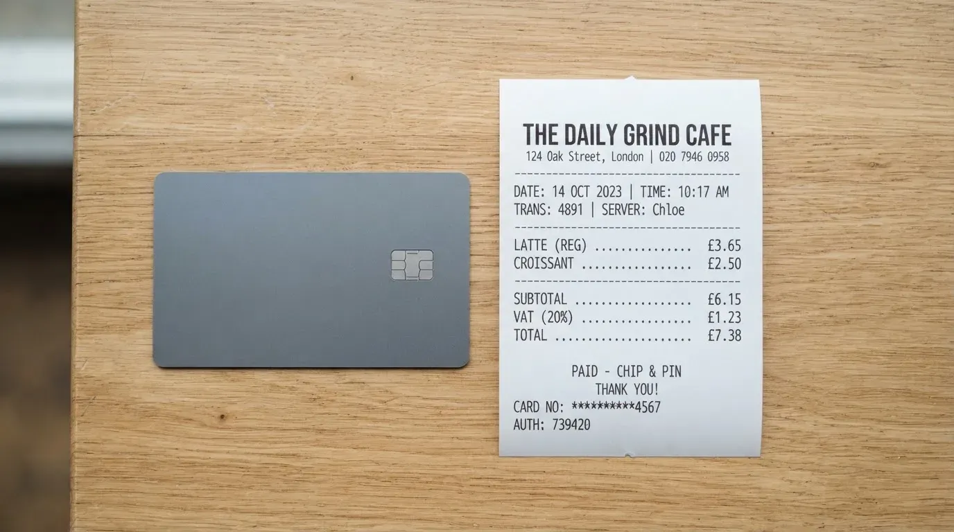 A receipt and a card on a café table