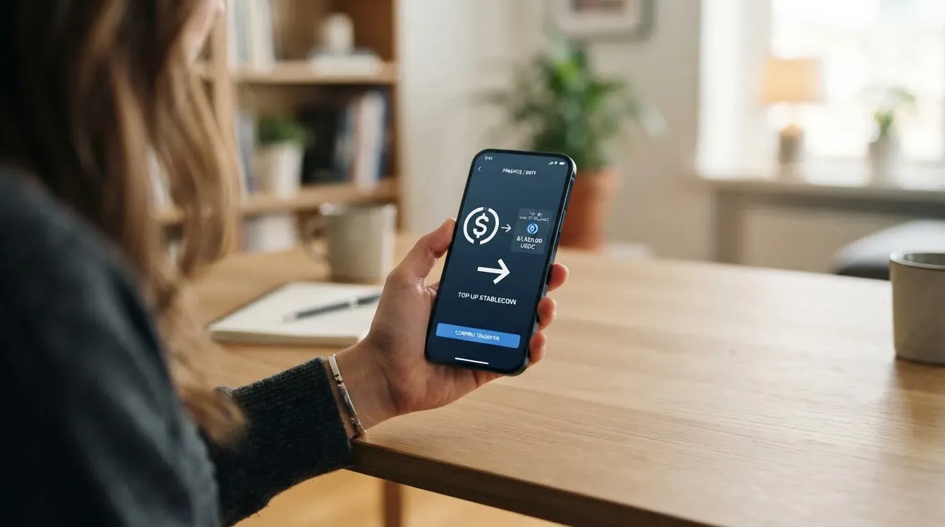 A phone showing a stablecoin transfer screen