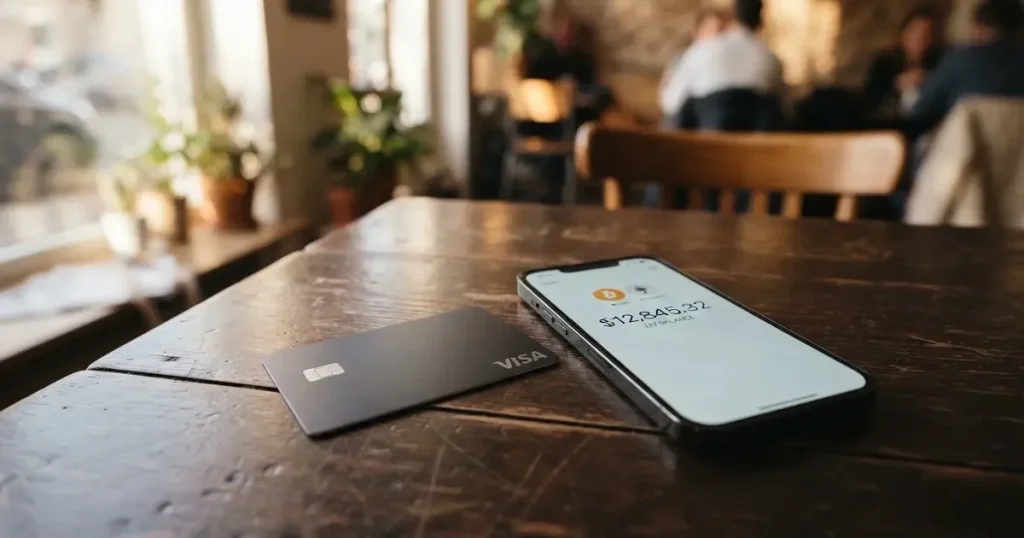 A payment card next to a phone with a crypto wallet app open