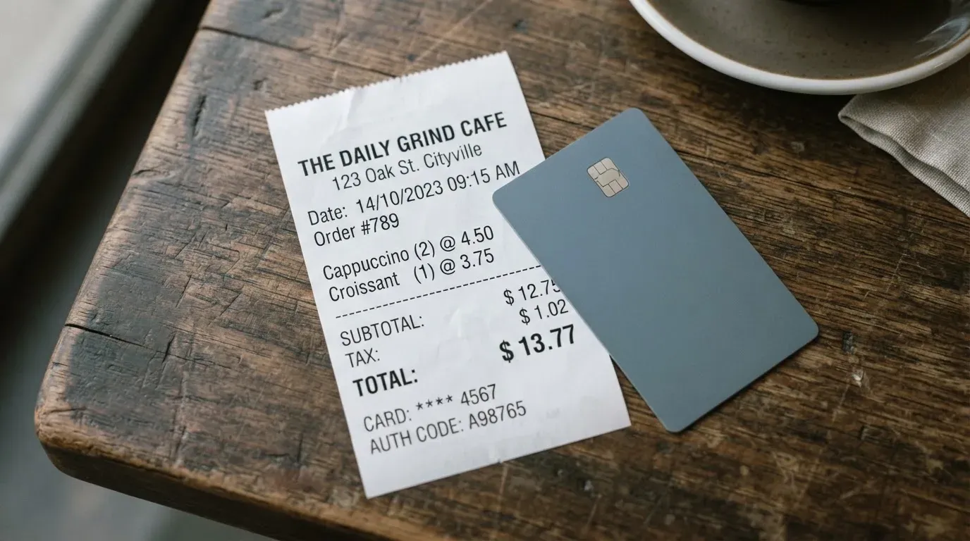 A receipt and a card on a café table