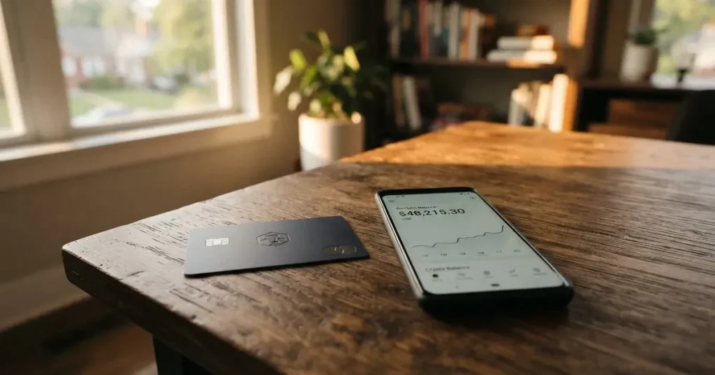 A payment card next to a phone with a crypto wallet app open