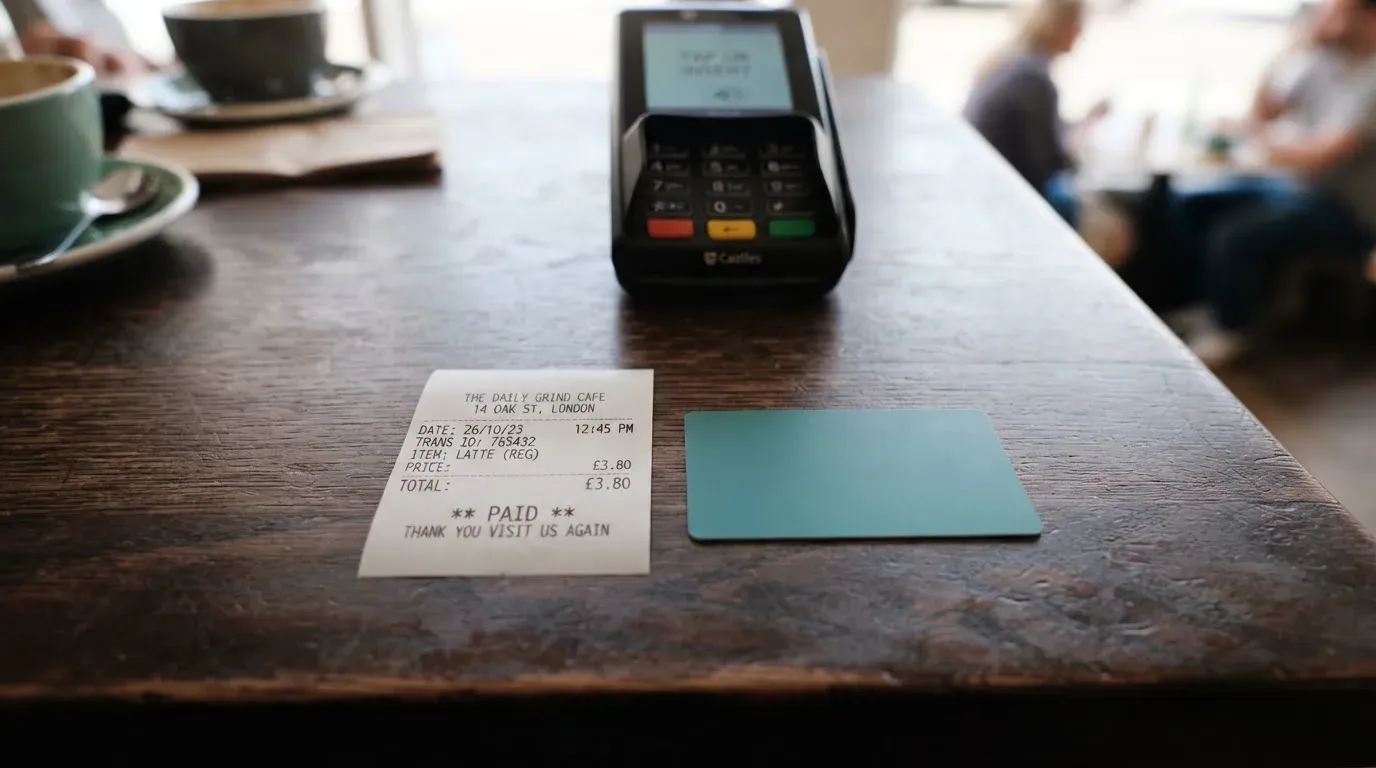 A receipt and a card on a café table