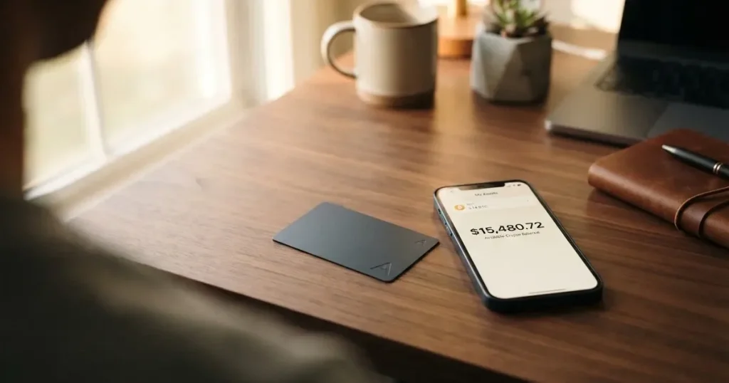 A payment card next to a phone with a crypto wallet app open