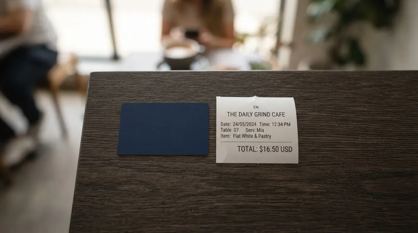 A receipt and a card on a café table