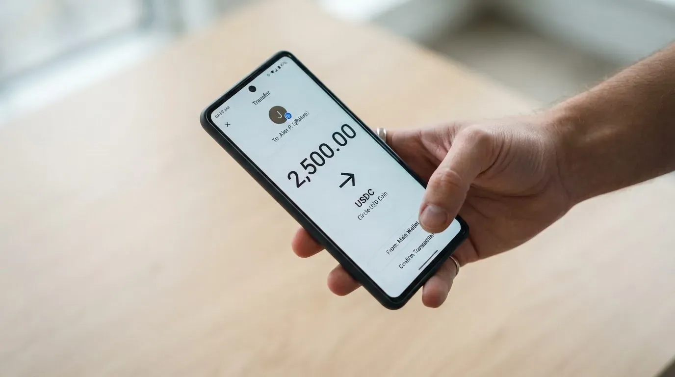 A phone showing a stablecoin transfer screen
