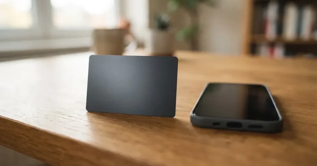 A payment card next to a phone with a crypto wallet app open