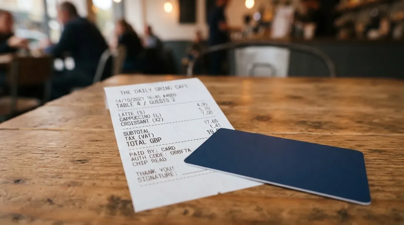 A receipt and a card on a café table