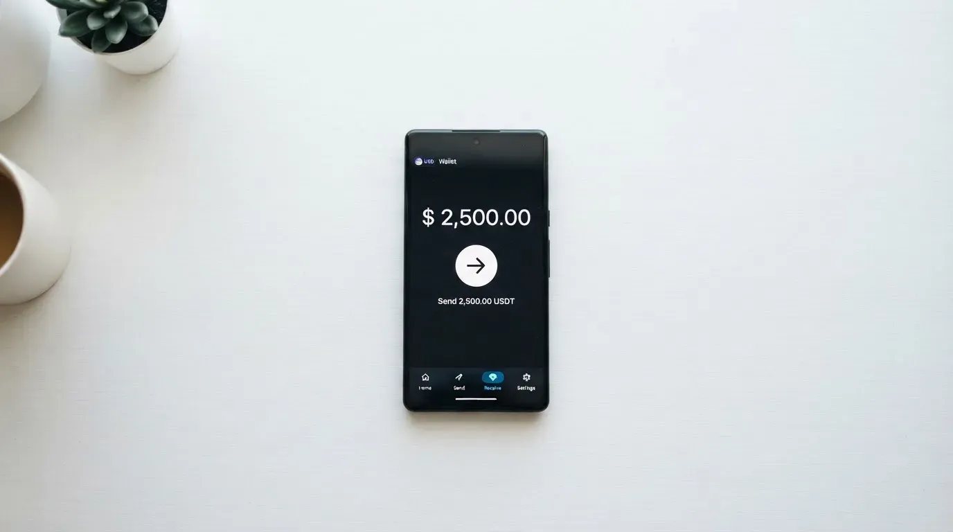 A phone showing a stablecoin transfer screen