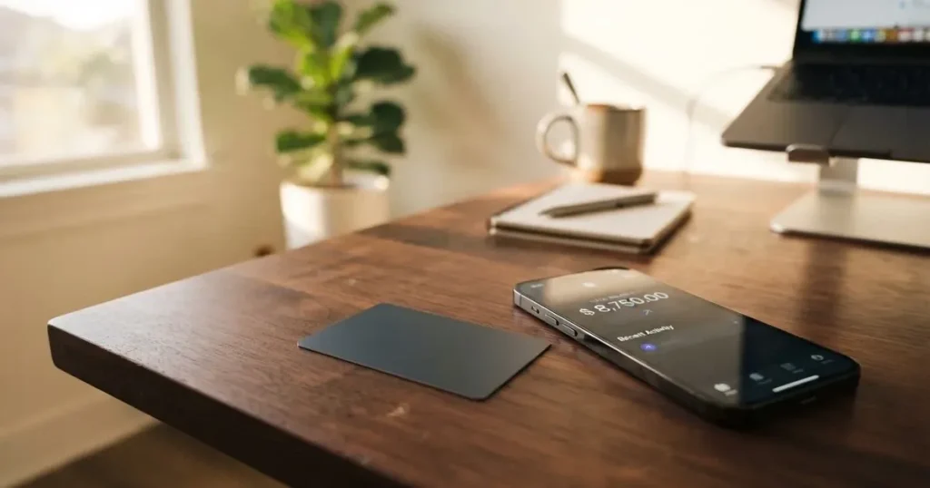 A payment card next to a phone with a crypto wallet app open