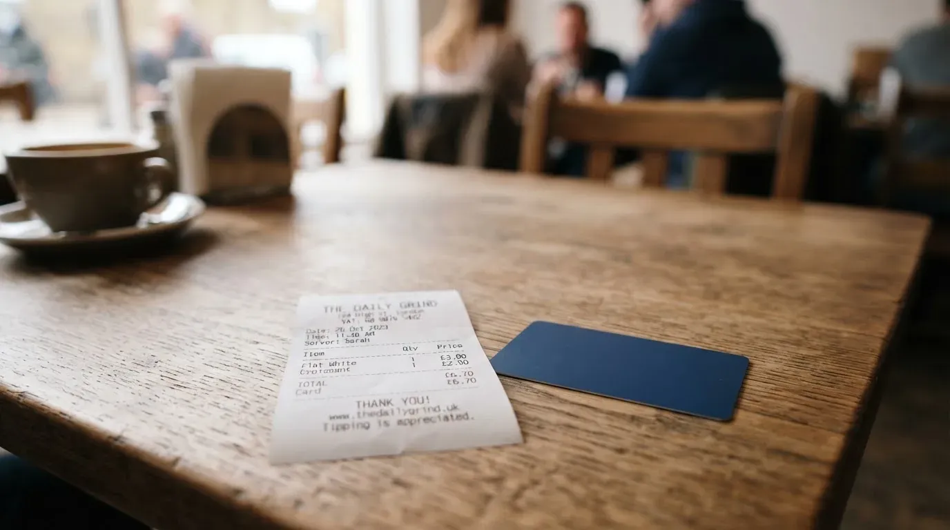 A receipt and a card on a café table