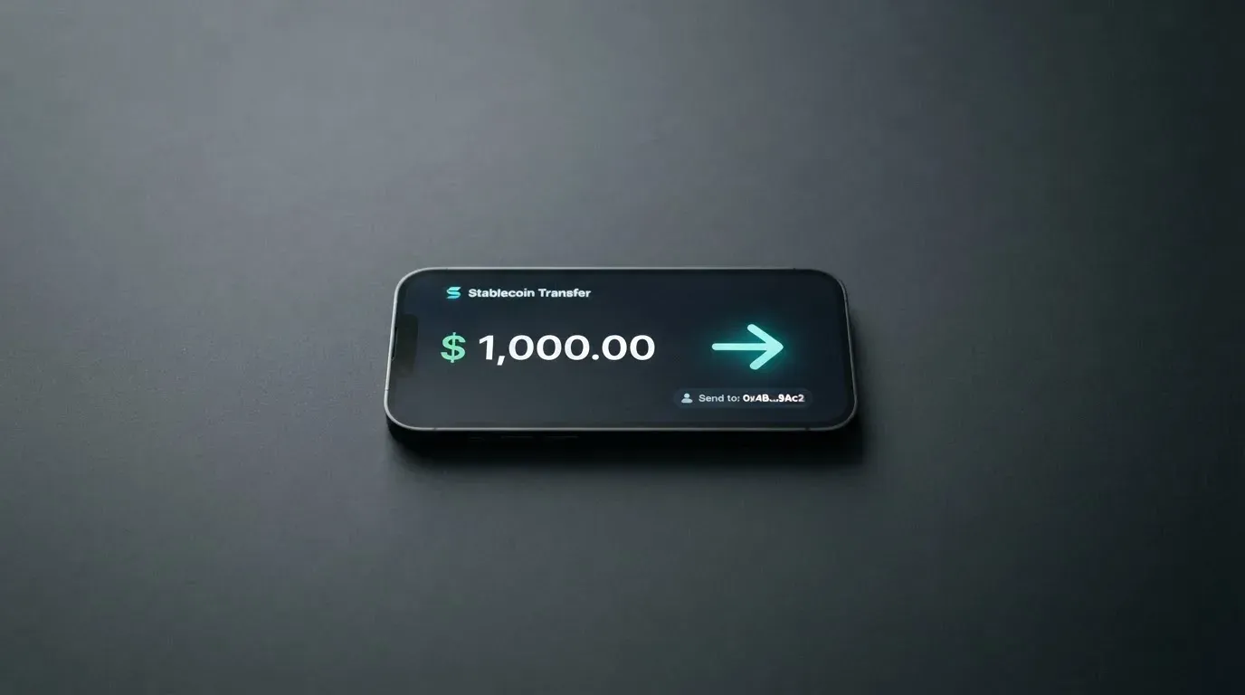 A phone showing a stablecoin transfer screen