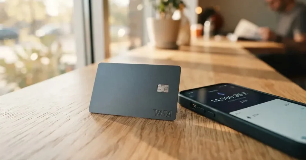 A payment card next to a phone with a crypto wallet app open