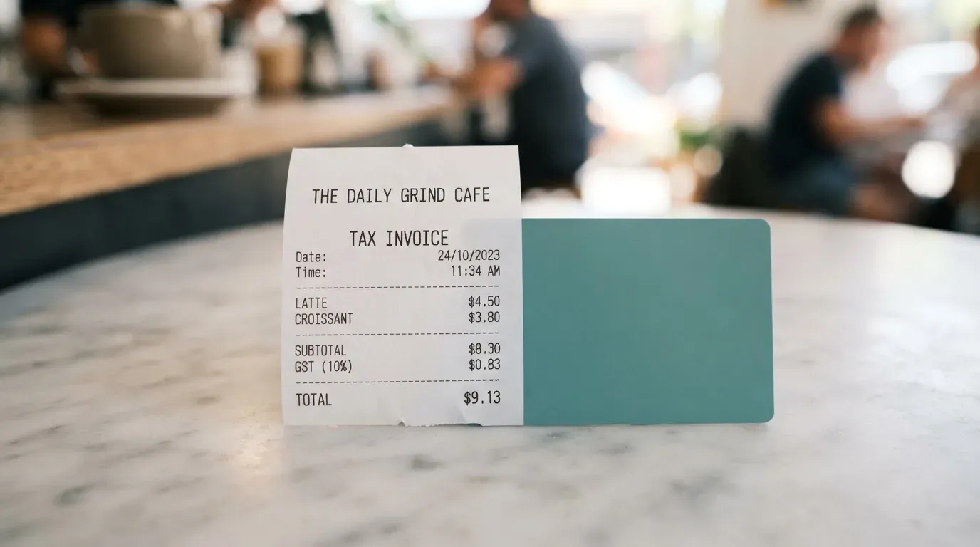 A receipt and a card on a café table
