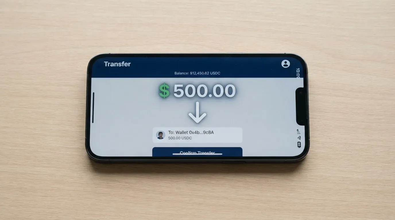 A phone showing a stablecoin transfer screen