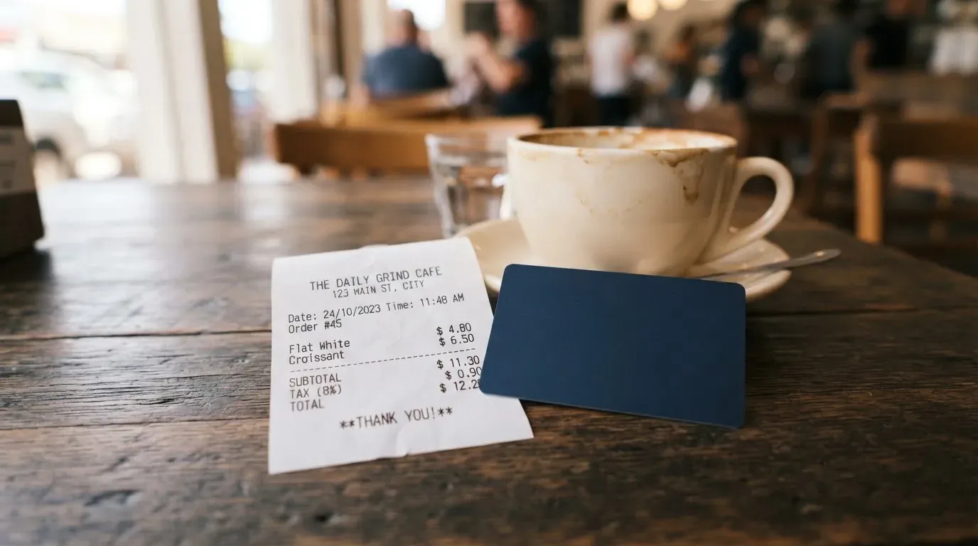 A receipt and a card on a café table