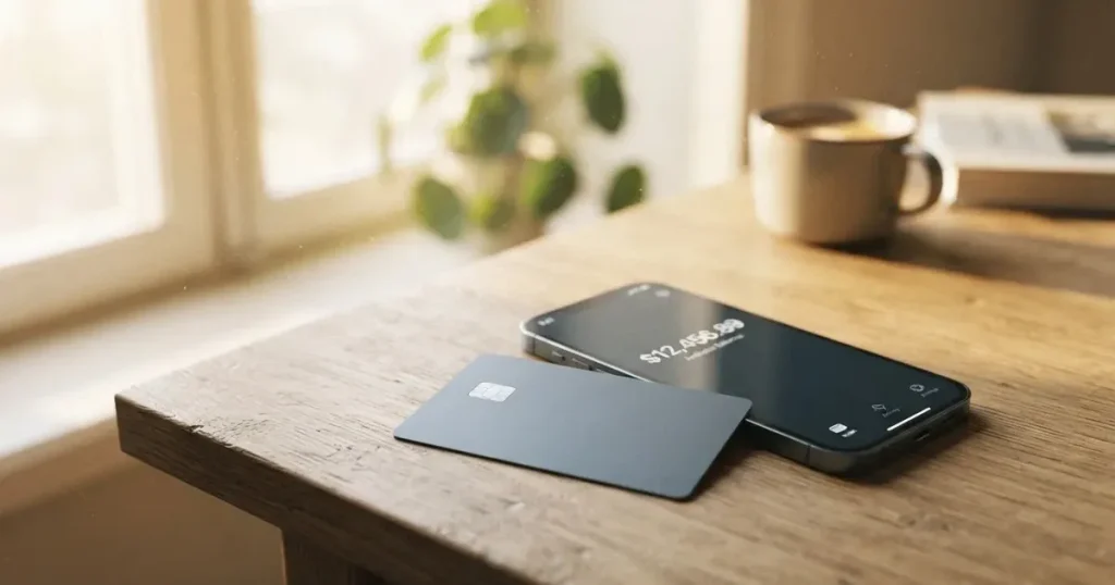 A payment card next to a phone with a crypto wallet app open