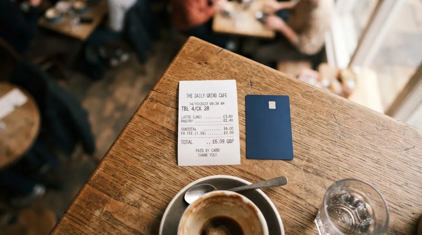A receipt and a card on a café table