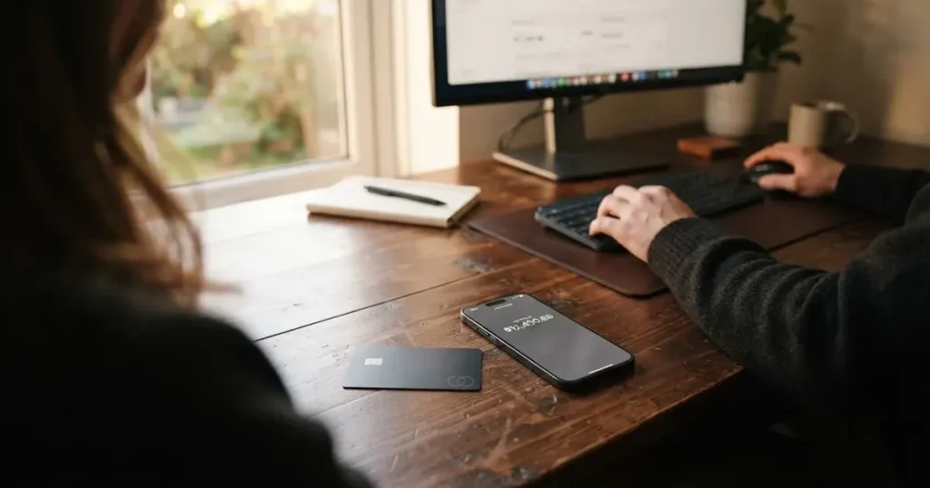 A payment card next to a phone with a crypto wallet app open