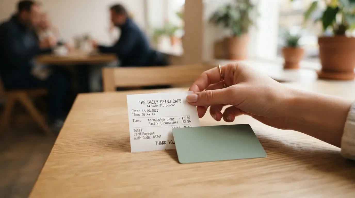 A receipt and a card on a café table