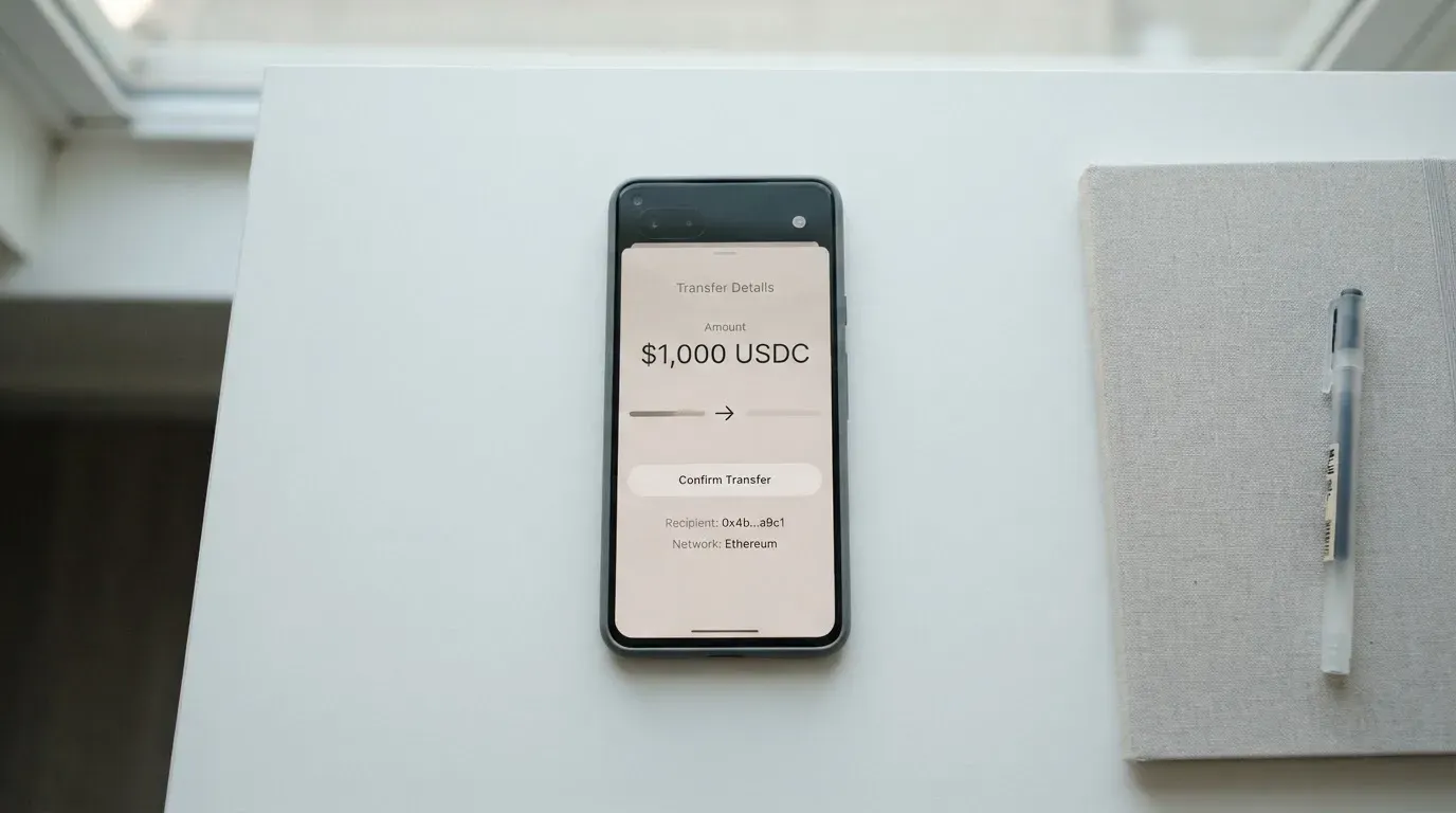 A phone showing a stablecoin transfer screen