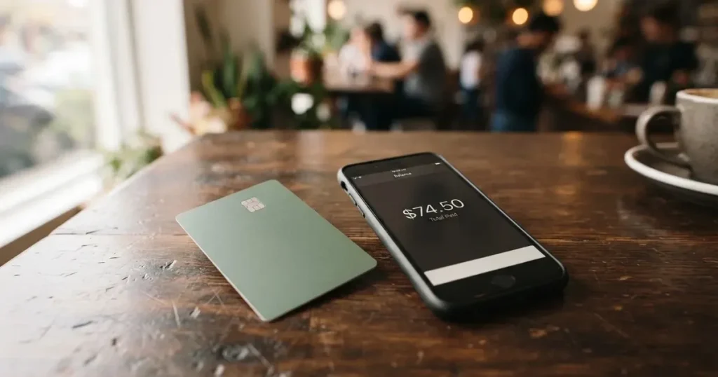 A payment card next to a phone with a crypto wallet app open