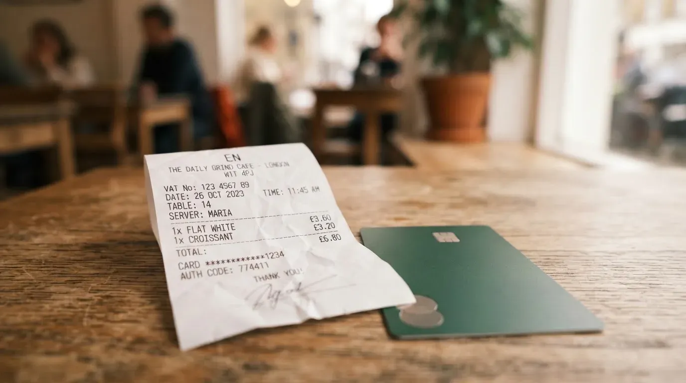 A receipt and a card on a café table