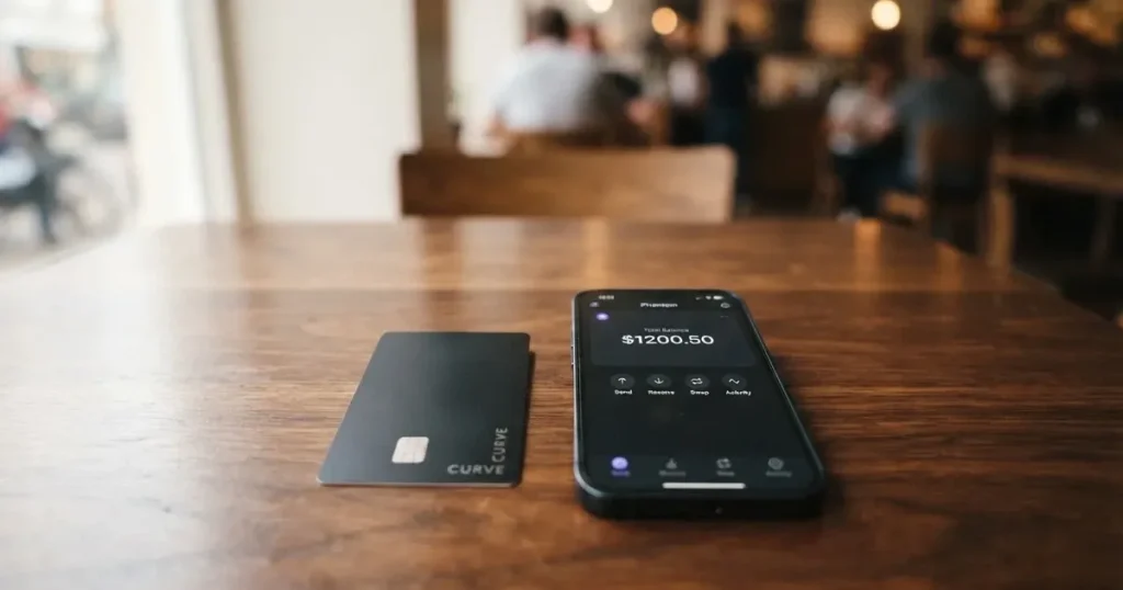 A payment card next to a phone with a crypto wallet app open