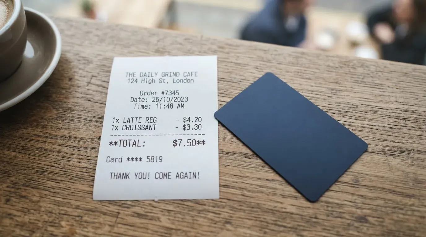 A receipt and a card on a café table