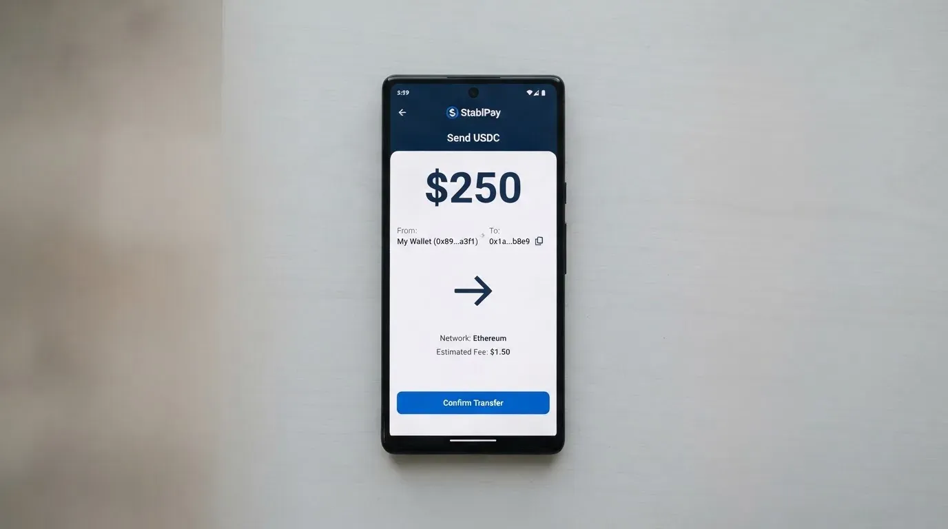 A phone showing a stablecoin transfer screen