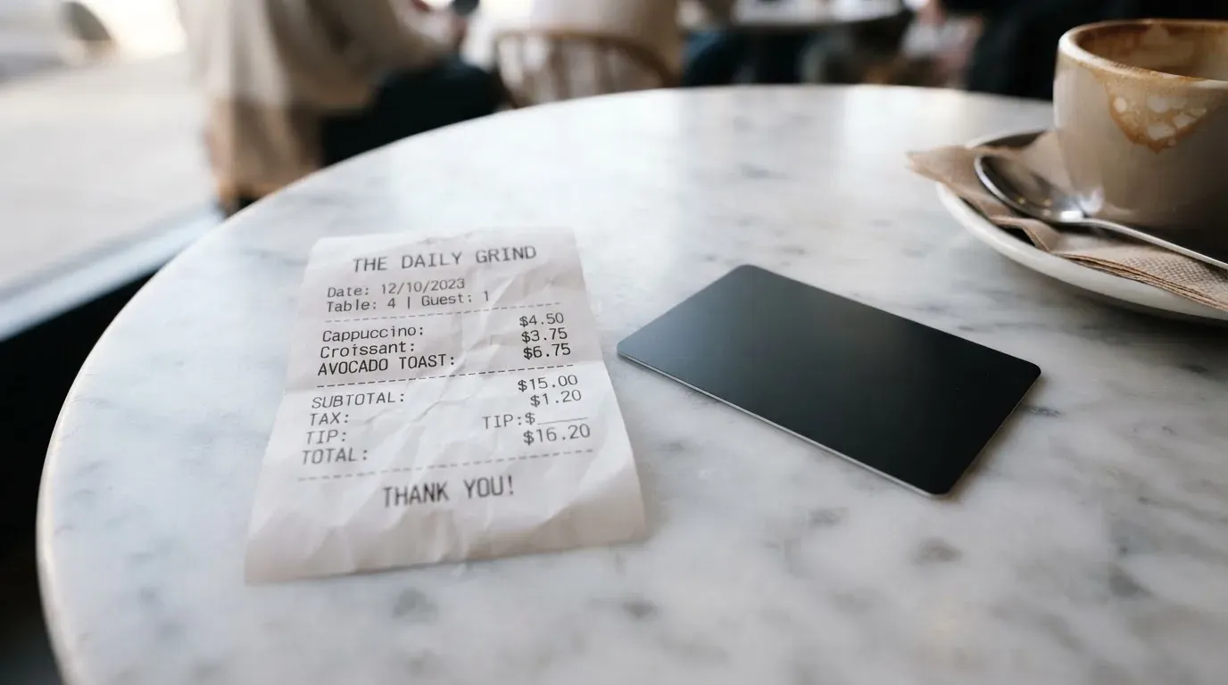A receipt and a card on a café table