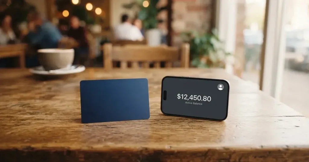 A payment card next to a phone with a crypto wallet app open