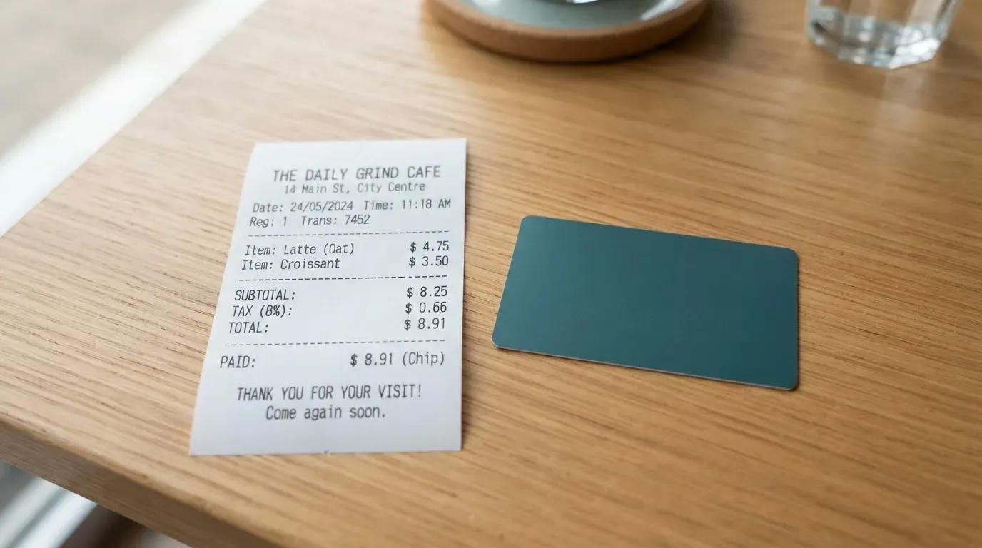 A receipt and a card on a café table