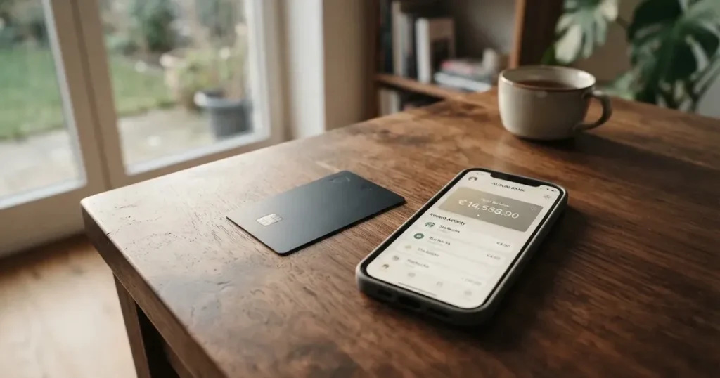 A payment card next to a phone with a crypto wallet app open