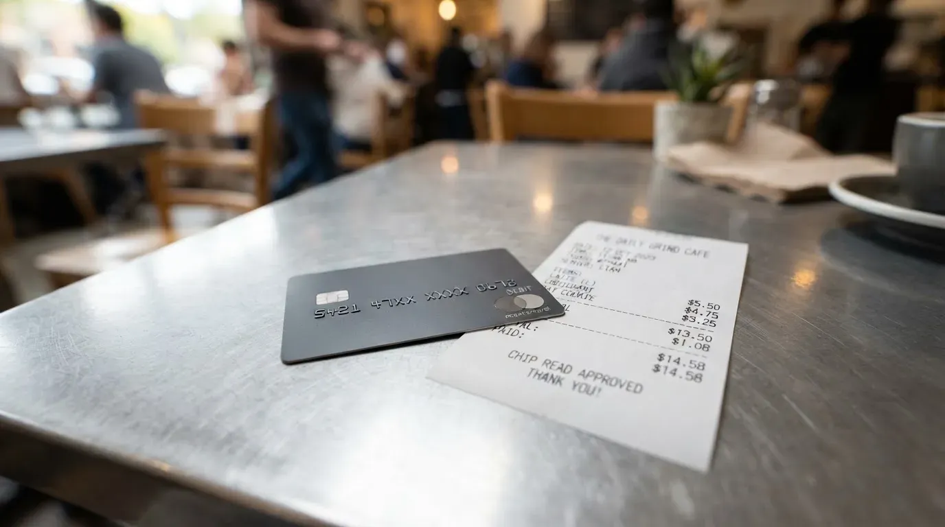 A receipt and a card on a café table