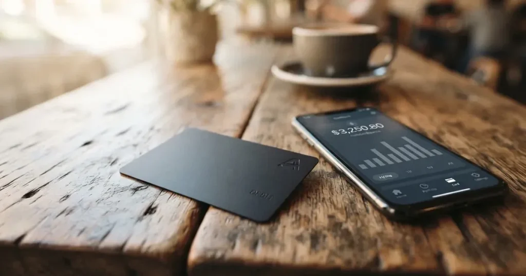 A payment card next to a phone with a crypto wallet app open