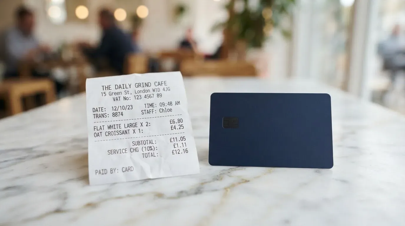 A receipt and a card on a café table