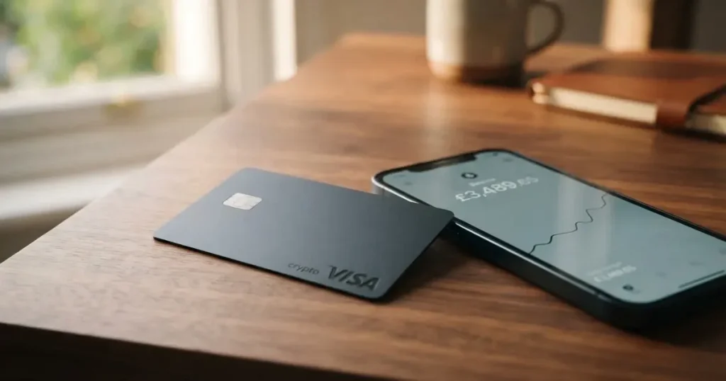A payment card next to a phone with a crypto wallet app open