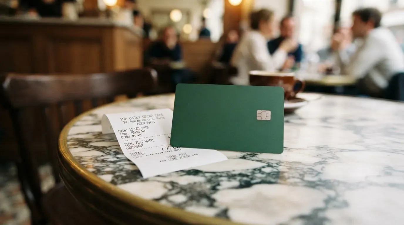 A receipt and a card on a café table