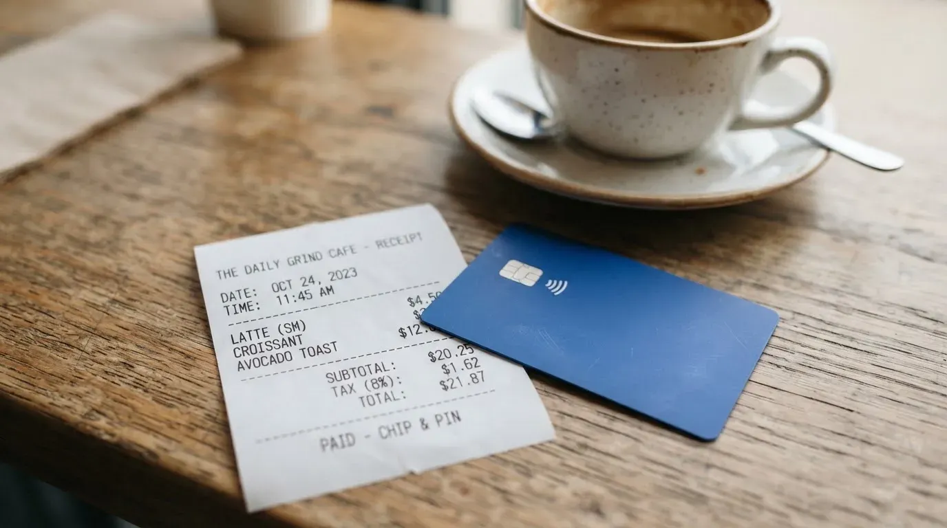 A receipt and a card on a café table
