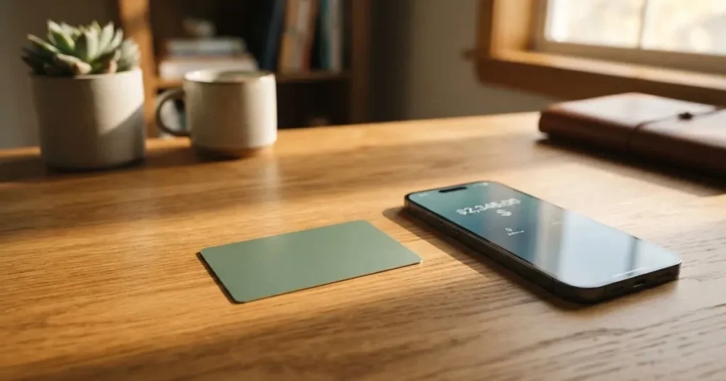 A payment card next to a phone with a crypto wallet app open