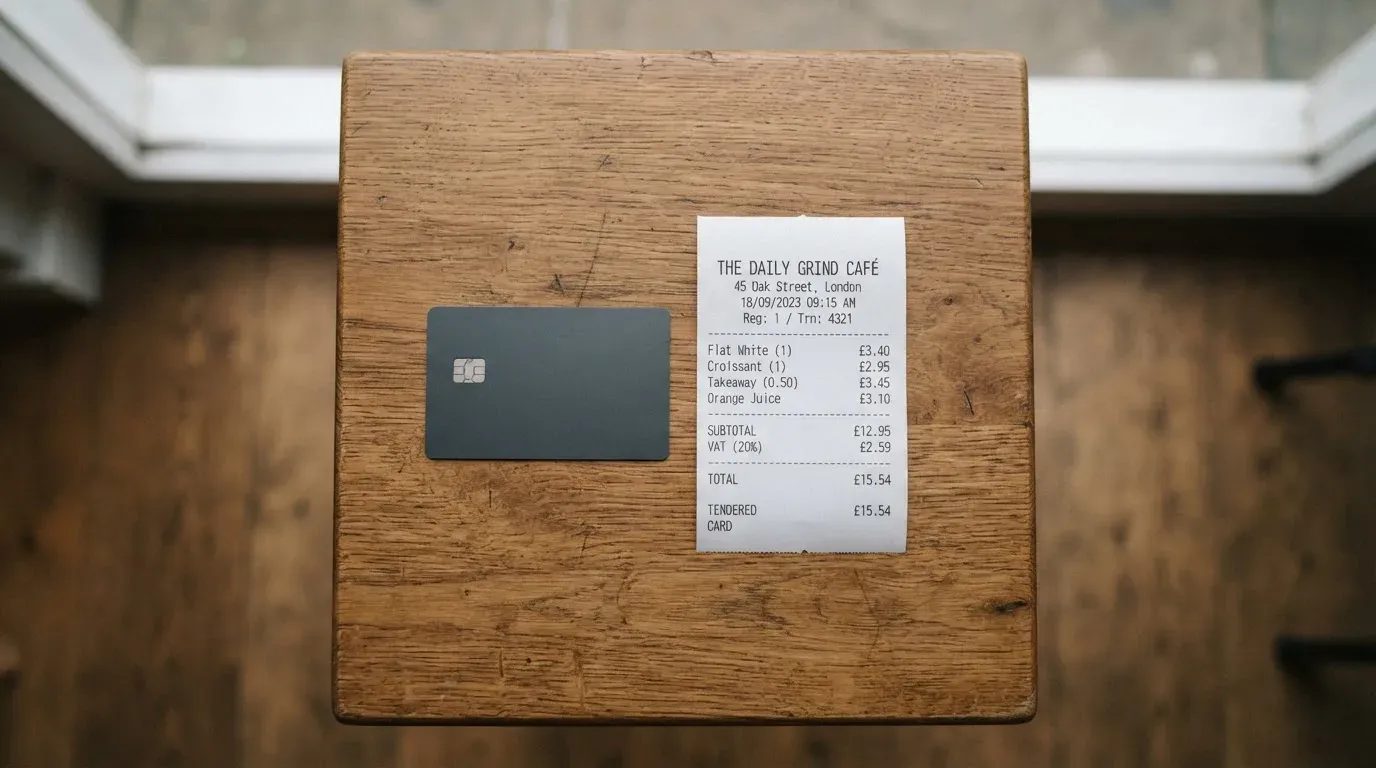 A receipt and a card on a café table