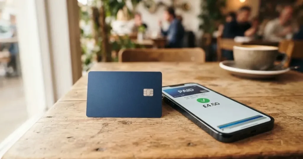 A payment card next to a phone with a crypto wallet app open