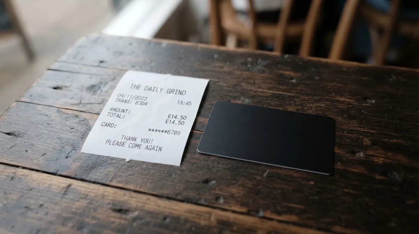 A receipt and a card on a café table