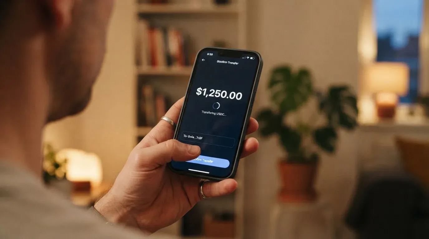 A phone showing a stablecoin transfer screen