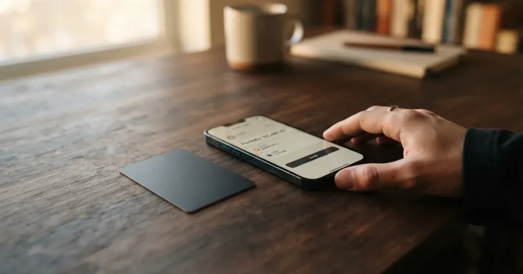 A payment card next to a phone with a crypto wallet app open