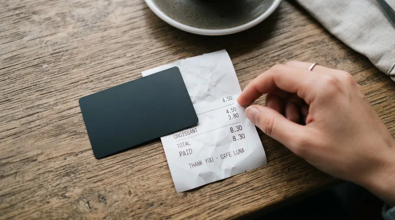 A receipt and a card on a café table