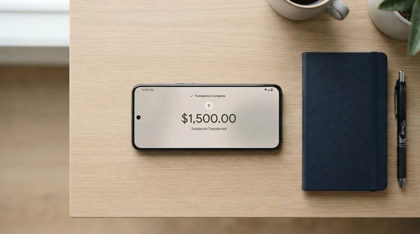 A phone showing a stablecoin transfer screen