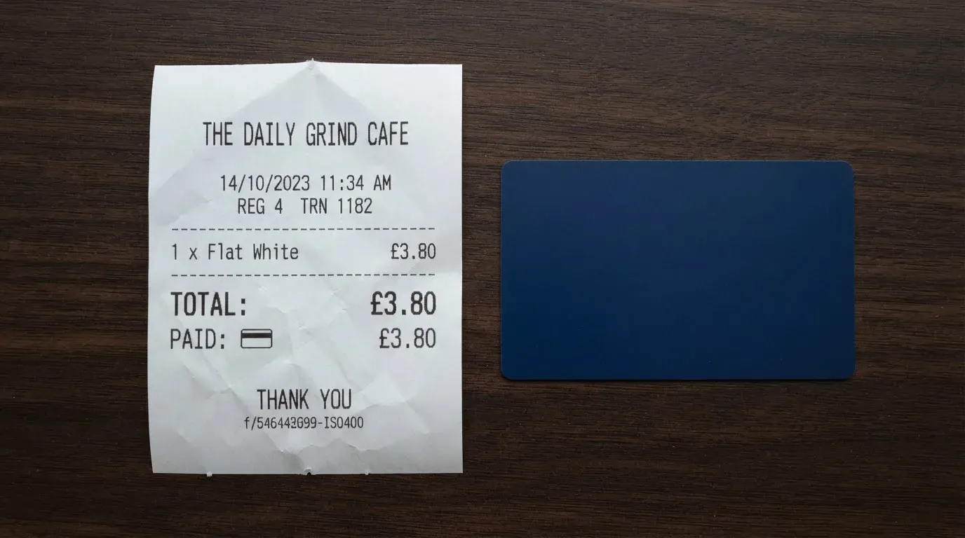 A receipt and a card on a café table