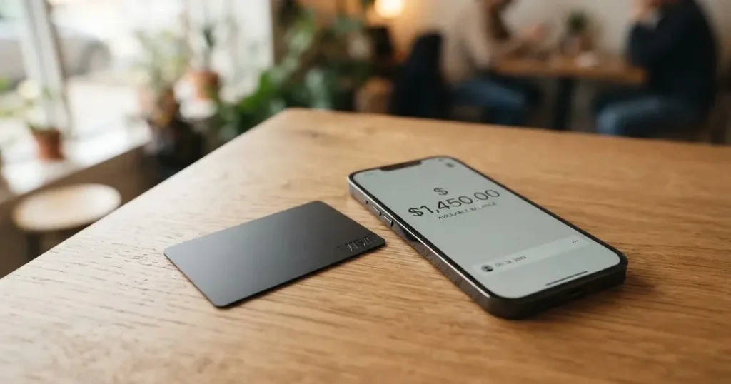 A payment card next to a phone with a crypto wallet app open